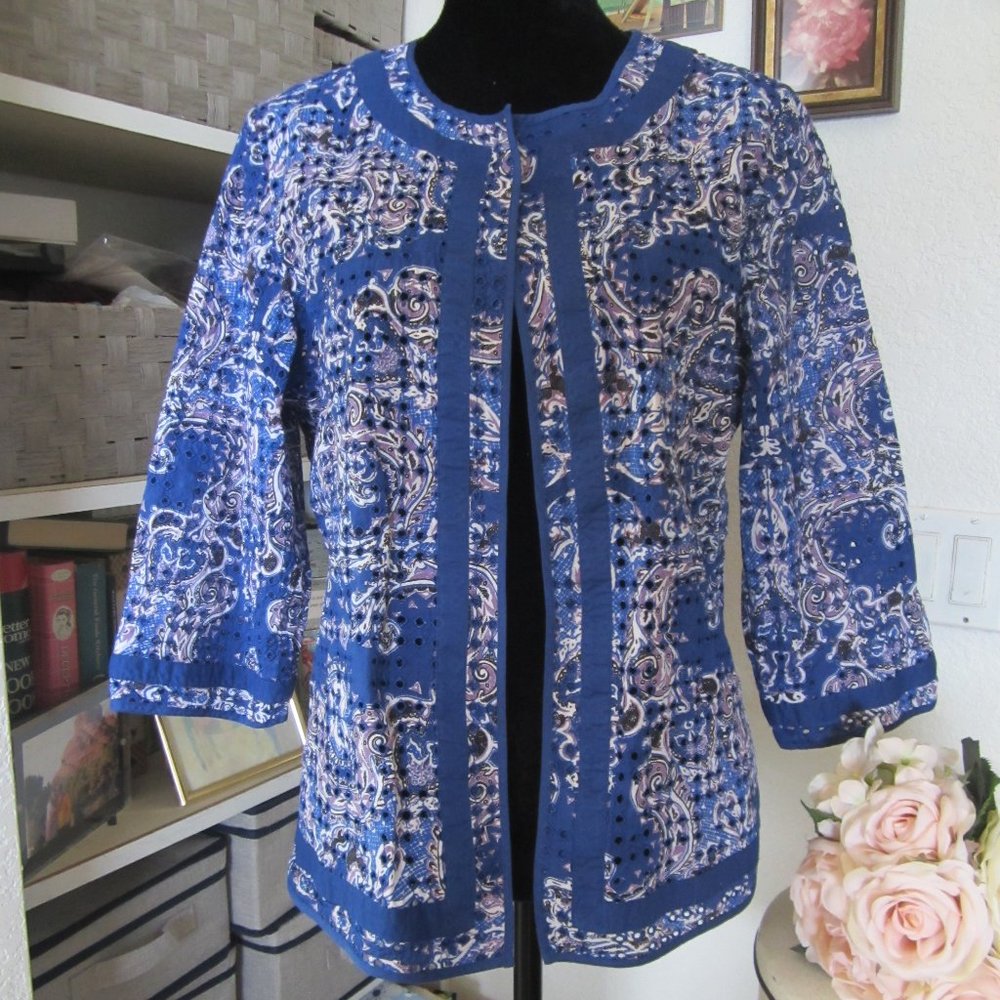 CHICOS-Royal Blue/Lavender and White print jacket